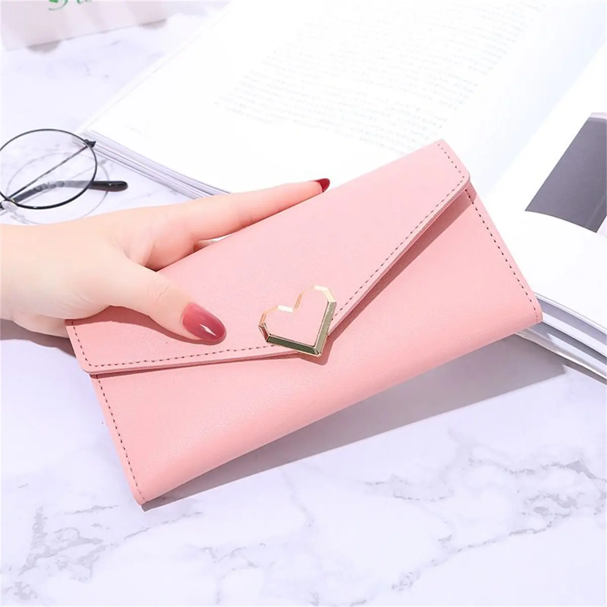 2024 new plain heart-shaped wallet ladies long multi-card buckle mobile phone women's wallet women's long wallet