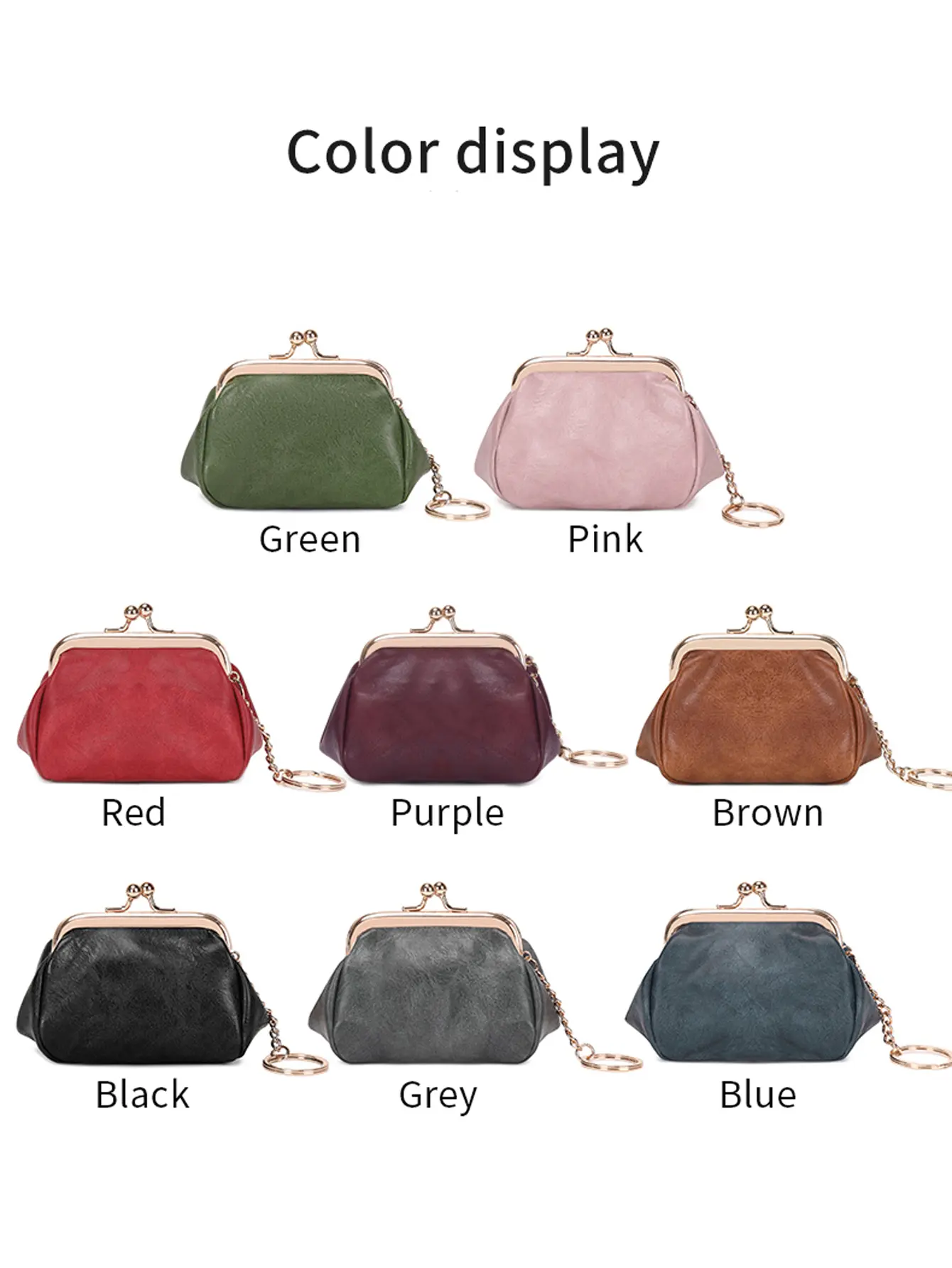 Retro mini compact and cute coin purse fashionable kiss lock small wallet women's solid color PU leather coin bag with keychain