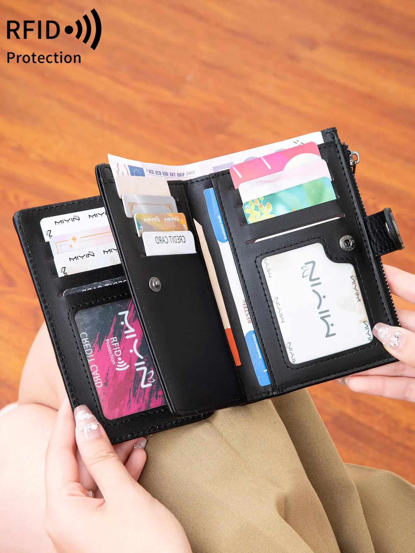 PU leather women's wallet retrothree fold large capacityshort wallet fashionable and portablecredit card IDcard women's card bag