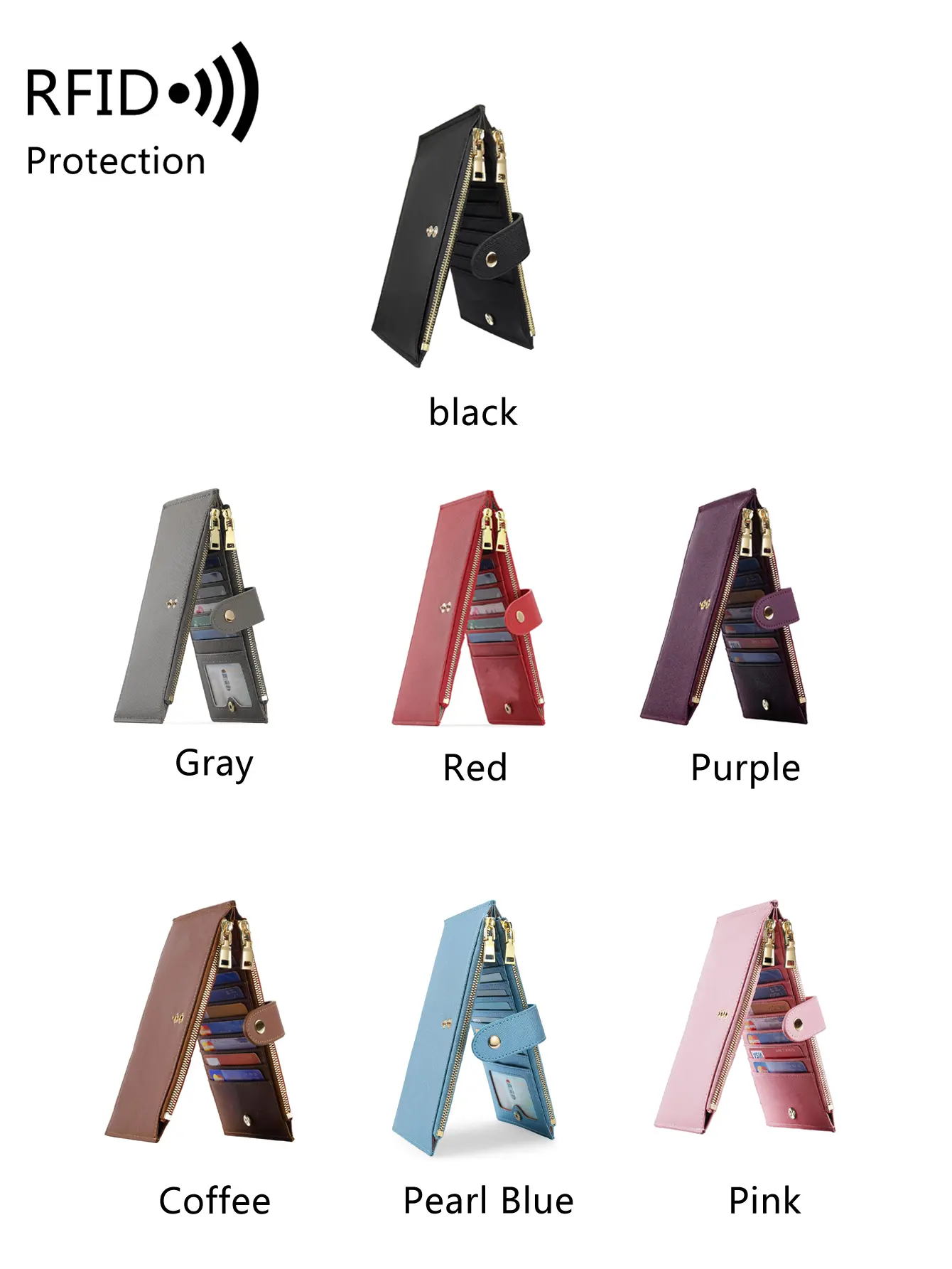 Fashionable women's long wallet RFID anti-theft brush, double zipper large capacity card holder, high-quality PU women's wallet