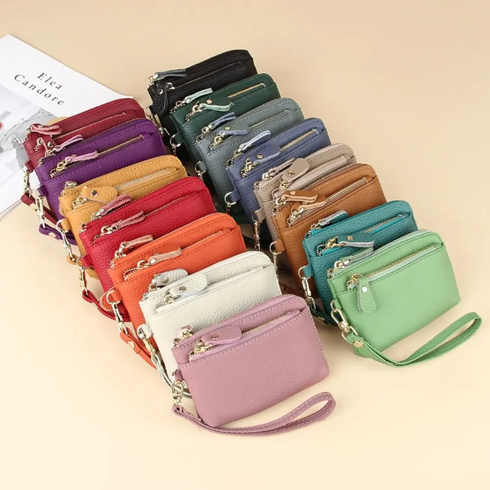 Fashion Cowhide Wallets Multi Card Slots Solid Color Keychain Wallet Multi Functional Coin Pocket Women