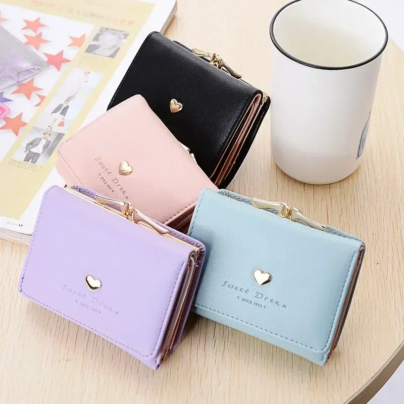 PU Leather Candy Color Fashion Women Coin Purse Solid Color Vintage Short Wallet Heart Hasp Ladies Girls Card Holder Clutch Bag