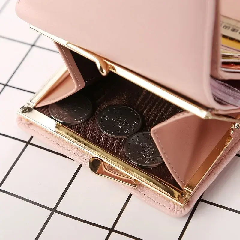PU Leather Candy Color Fashion Women Coin Purse Solid Color Vintage Short Wallet Heart Hasp Ladies Girls Card Holder Clutch Bag