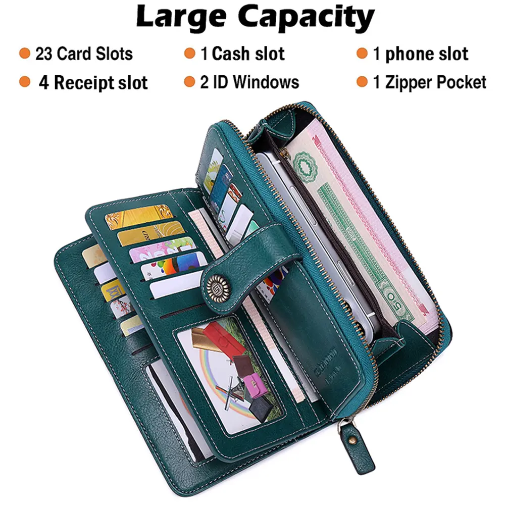 RFID anti-theft brush Retro large capacity long wallet Multi-card women's wallet Multi-function zipper wallet with wrist strap