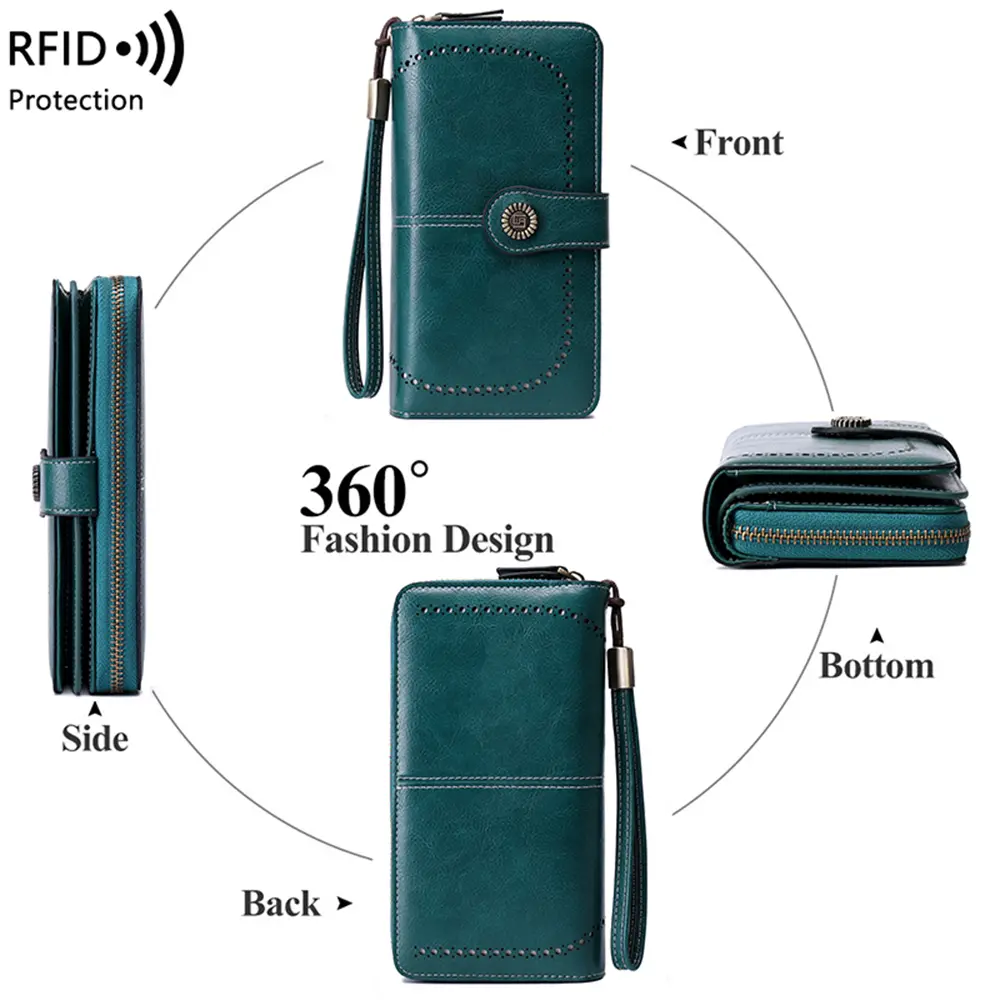 RFID anti-theft brush Retro large capacity long wallet Multi-card women's wallet Multi-function zipper wallet with wrist strap