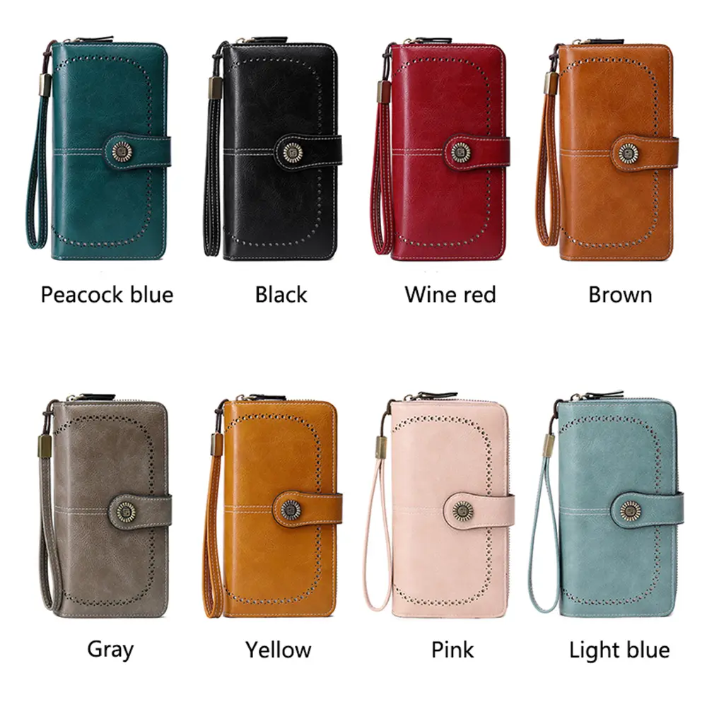 RFID anti-theft brush Retro large capacity long wallet Multi-card women's wallet Multi-function zipper wallet with wrist strap