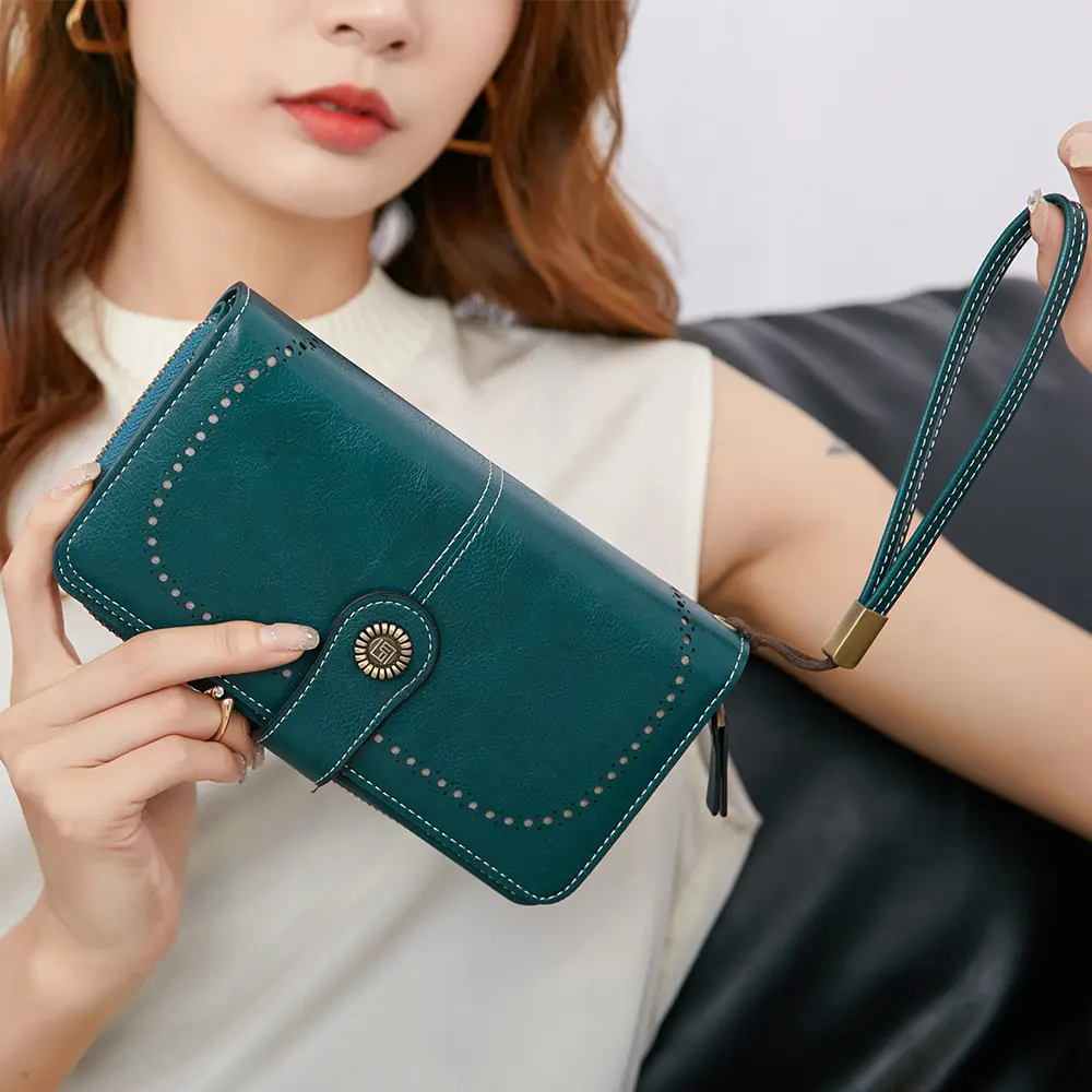 RFID anti-theft brush Retro large capacity long wallet Multi-card women's wallet Multi-function zipper wallet with wrist strap