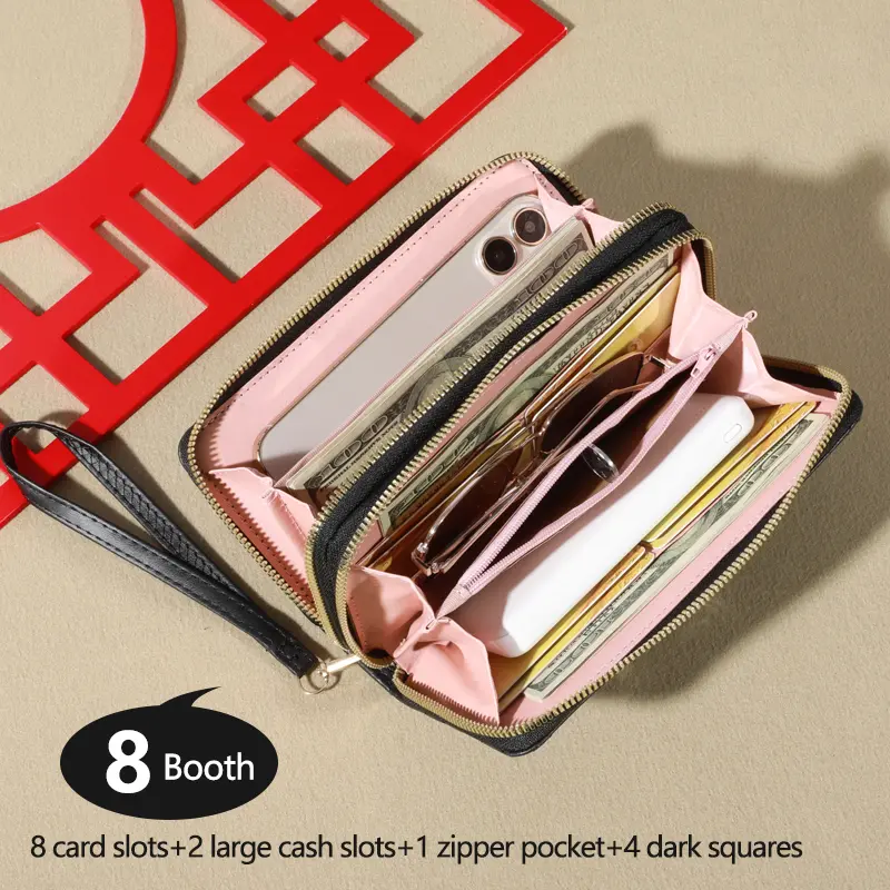 Trendy Solid Color Long Wallet, Double Zippers Clutch Coin Purse, Women's Faux Leather Card Holder With Wristband