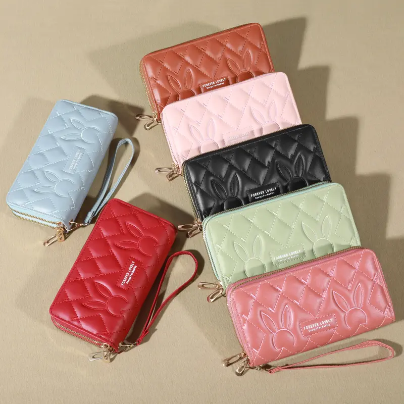 Trendy Solid Color Long Wallet, Double Zippers Clutch Coin Purse, Women's Faux Leather Card Holder With Wristband