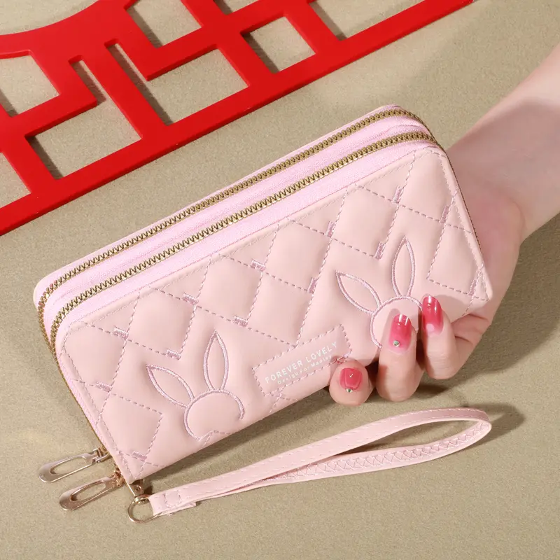 Trendy Solid Color Long Wallet, Double Zippers Clutch Coin Purse, Women's Faux Leather Card Holder With Wristband