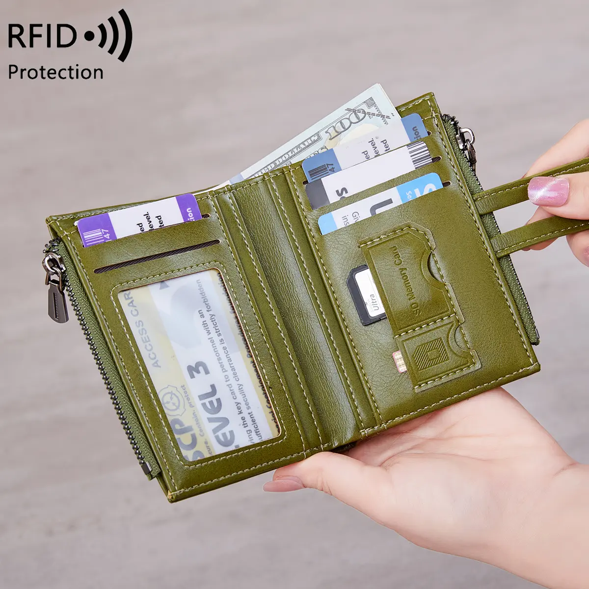 RFID anti-theft brush retro women's purse multi-card double zipper wallet Soft leather coin wallet Multi-functional short wallet