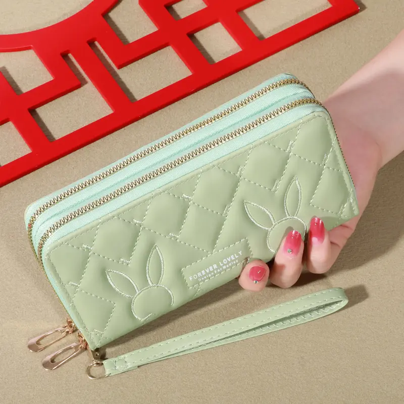 Trendy Solid Color Long Wallet, Double Zippers Clutch Coin Purse, Women's Faux Leather Card Holder With Wristband