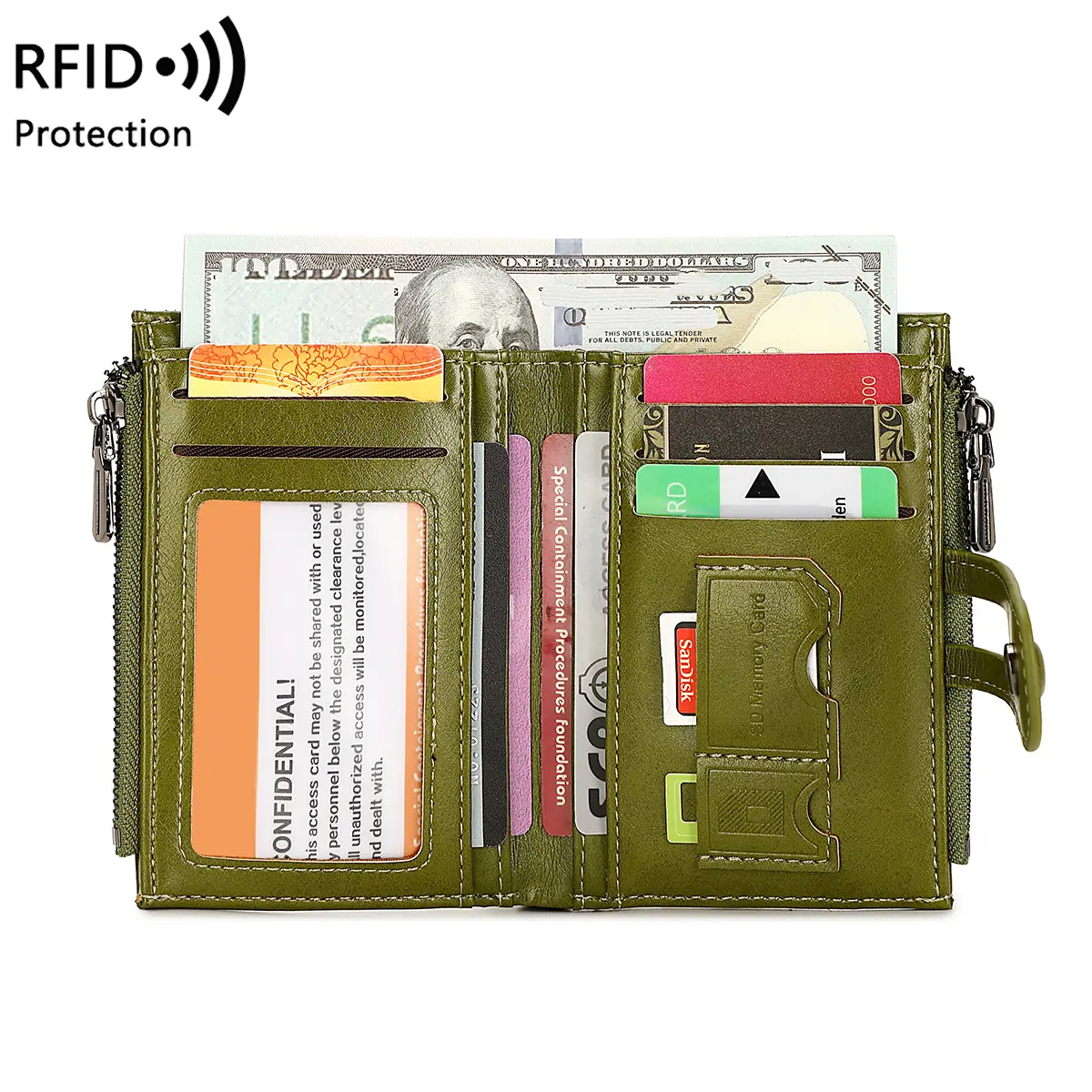 RFID anti-theft brush retro women's purse multi-card double zipper wallet Soft leather coin wallet Multi-functional short wallet