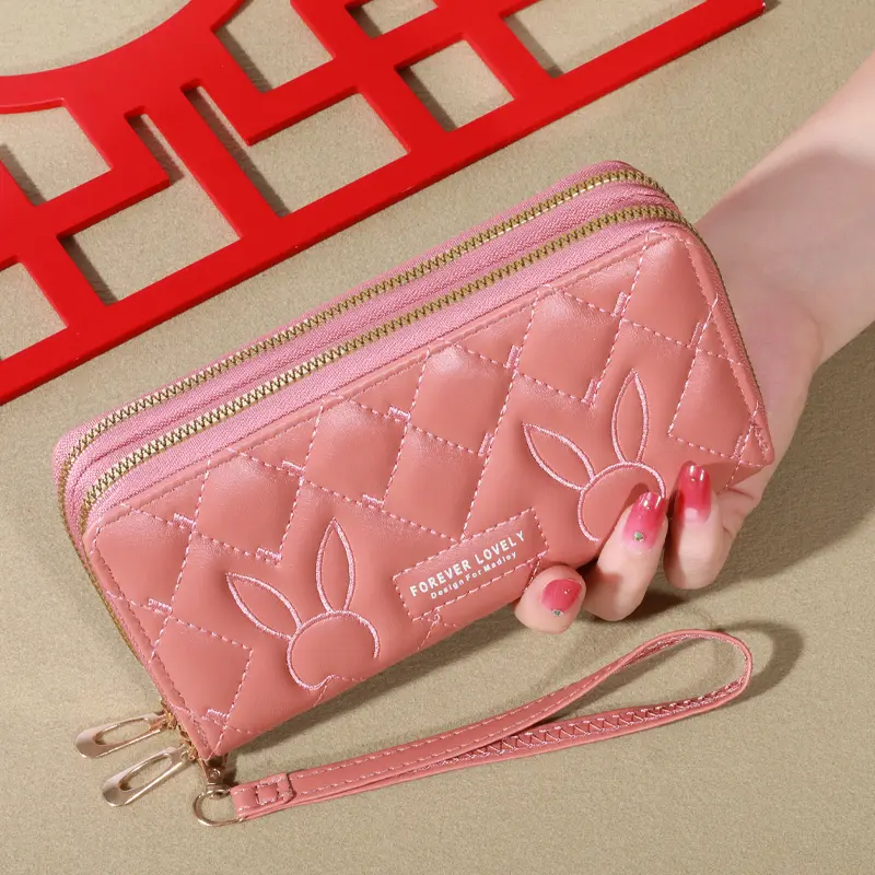 Trendy Solid Color Long Wallet, Double Zippers Clutch Coin Purse, Women's Faux Leather Card Holder With Wristband