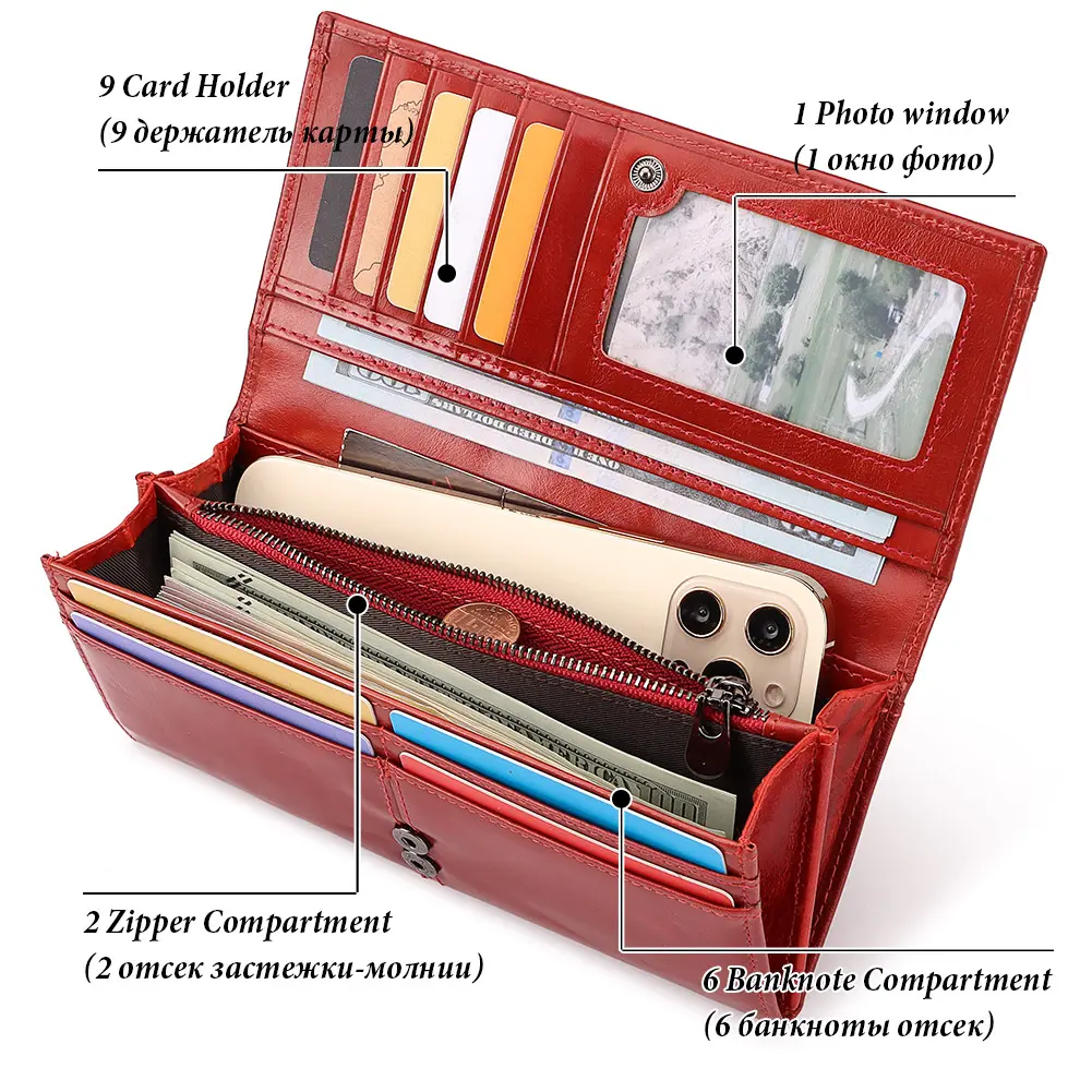 Women's Clutch Bag Genuine Leather Wallets Fashion Female Cell Phone Purse RFID Blocking Credit Card Holder with Zipper Pocket