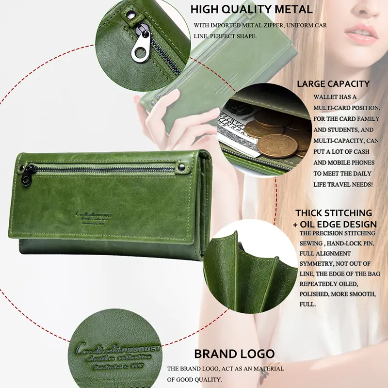Contact's Genuine Leather Women Wallets Female Long Clutch Photo Holder Wallet Large Capacity Purses With Money Phone Bags