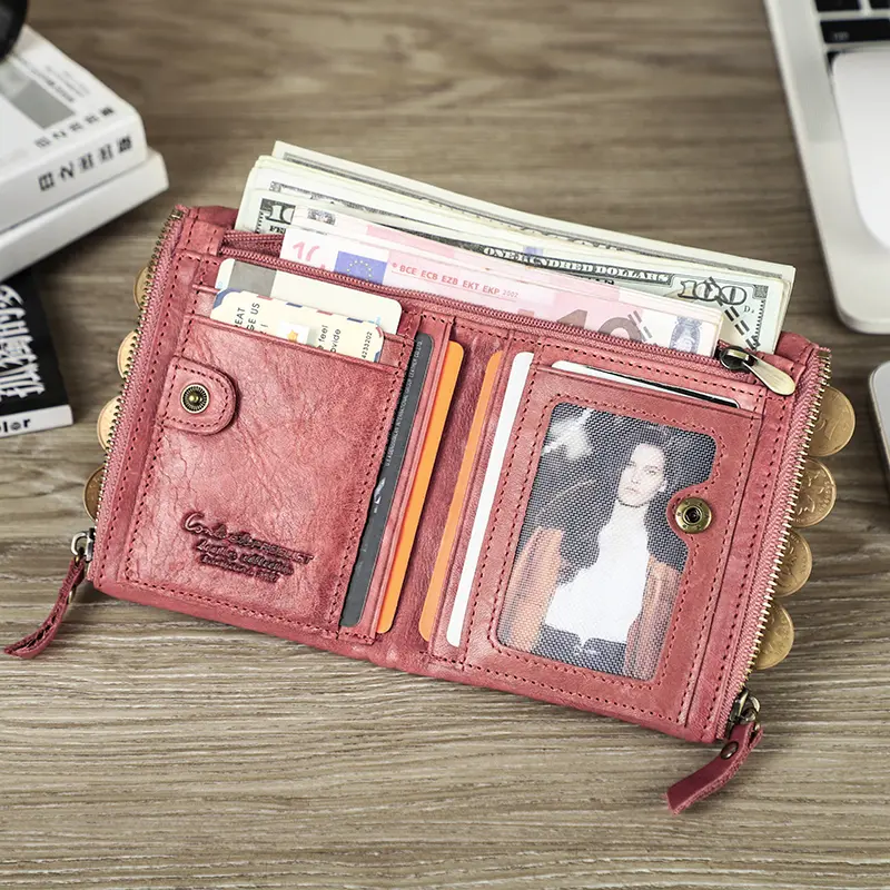 CONTACT'S Genuine  Leather Short Wallets for Women Luxury Designer Card Holder Coin Purse Money Clip Mini Wallet Female Bag Men