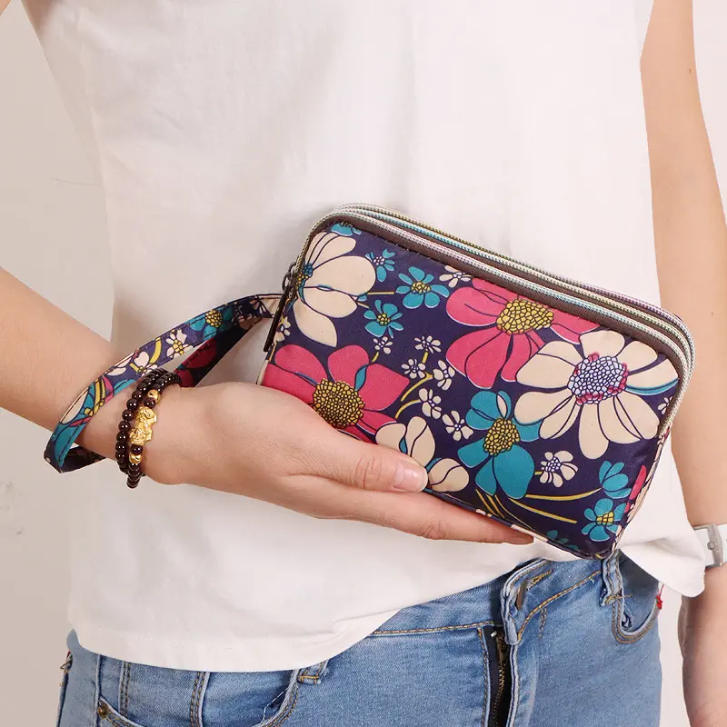Thickened Three-layer Long Zipper Pocket Purse Women's Handbag Wrist Mobile Phone Bag Cute Washable Cloth Clutch Bag