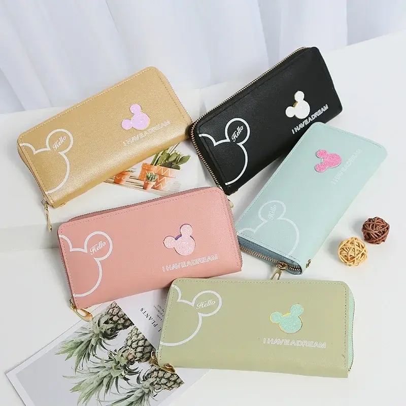 Disney Ladies Clutch Mickey Mouse Cartoon Long Zipper PU Wallet Fashion Minnie Coin Purse Anime Wallet Card Holder Gift ForGirls