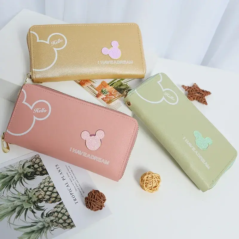 Disney Ladies Clutch Mickey Mouse Cartoon Long Zipper PU Wallet Fashion Minnie Coin Purse Anime Wallet Card Holder Gift ForGirls