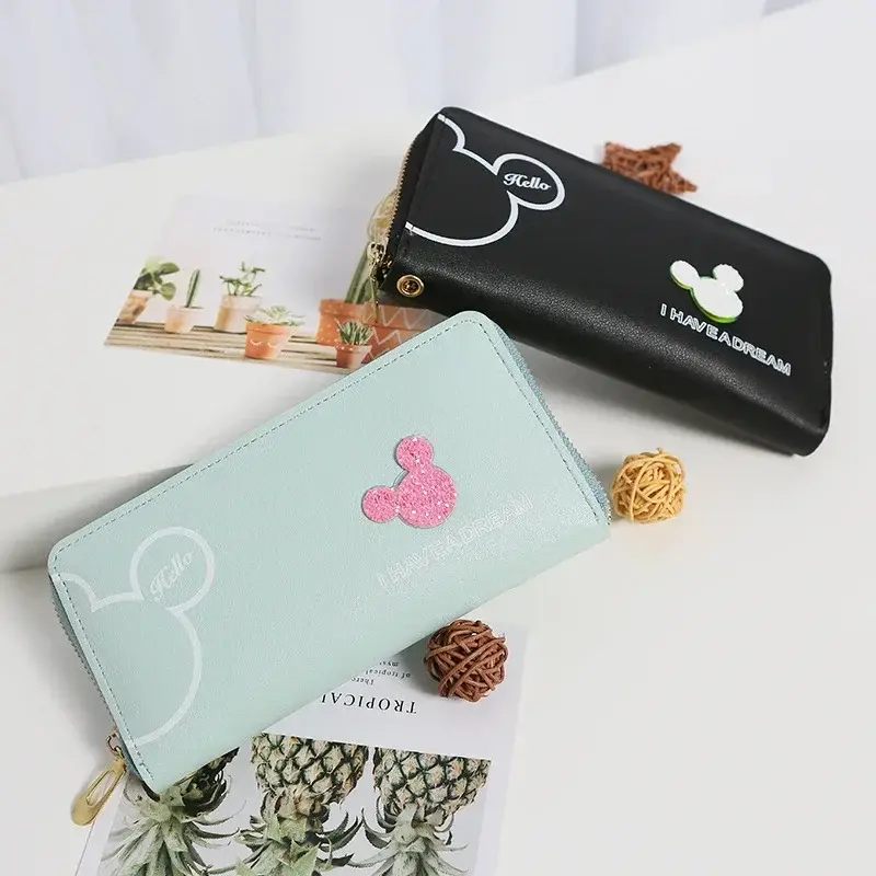 Disney Ladies Clutch Mickey Mouse Cartoon Long Zipper PU Wallet Fashion Minnie Coin Purse Anime Wallet Card Holder Gift ForGirls