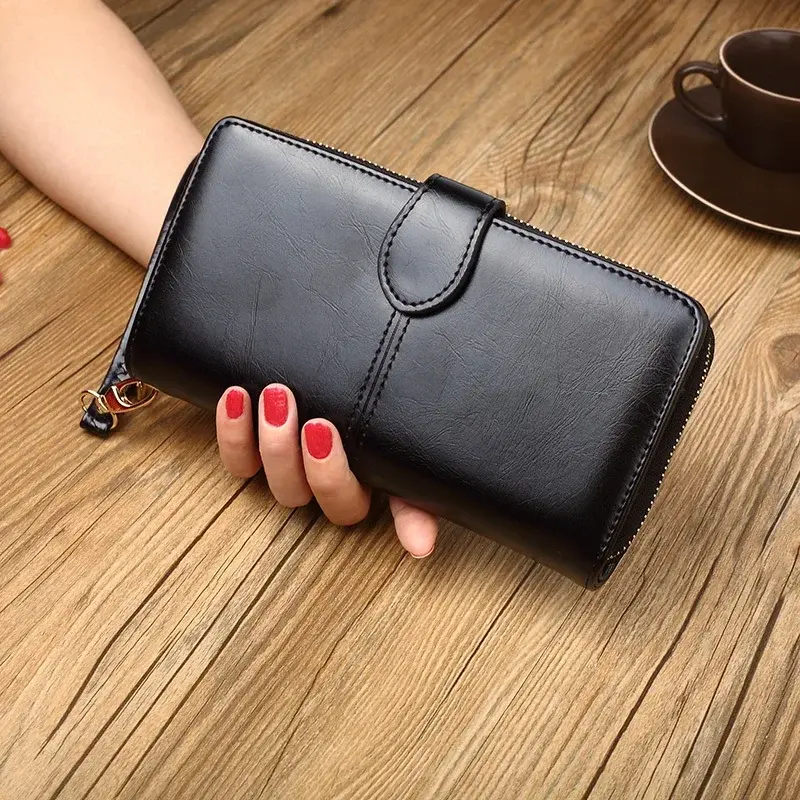 long Zipper Clutch Purse, PU Leather women Wristlet Wallet, Casual Portable Practical Card Holder