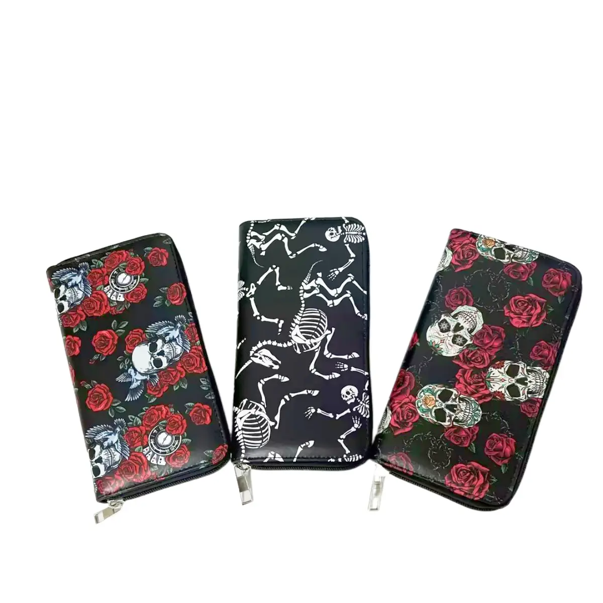 Retro skull boy and girl wallet long zipper printed pu wallet
