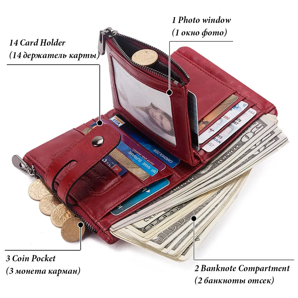 Fashion Women Wallet Genuine Leather Female Clutch  Wallets Hasp Double Zipper Design Short Coin Pocket ID Card Holder Purse
