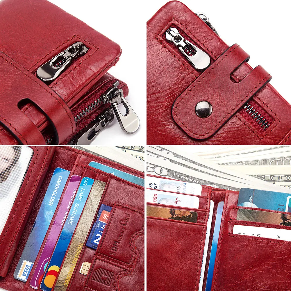 Fashion Women Wallet Genuine Leather Female Clutch  Wallets Hasp Double Zipper Design Short Coin Pocket ID Card Holder Purse