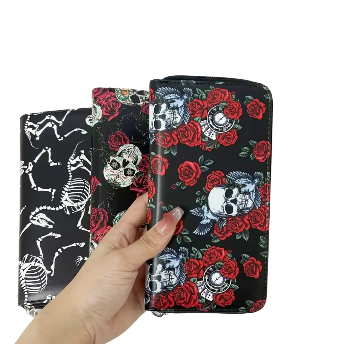 Retro skull boy and girl wallet long zipper printed pu wallet