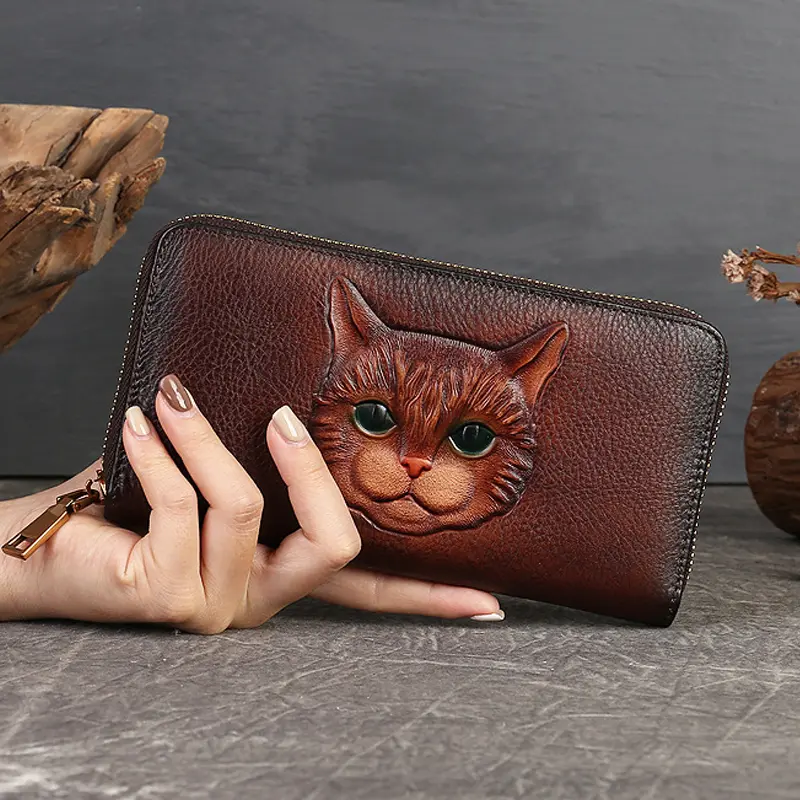 Genuine Leather Long Wallet for Women Purse ID/Credit Card Cash Holder Cat Pattern Retro Female Cowhide Money Purses Bag