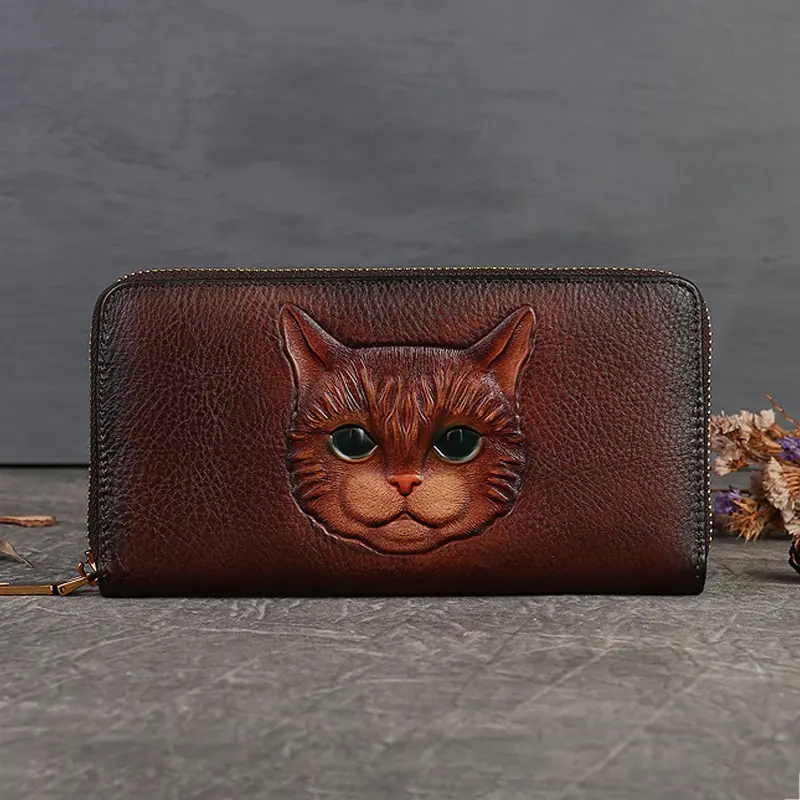 Genuine Leather Long Wallet for Women Purse ID/Credit Card Cash Holder Cat Pattern Retro Female Cowhide Money Purses Bag
