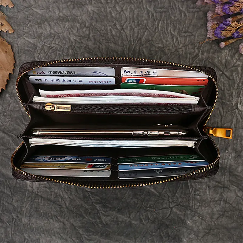 Genuine Leather Long Wallet for Women Purse ID/Credit Card Cash Holder Cat Pattern Retro Female Cowhide Money Purses Bag