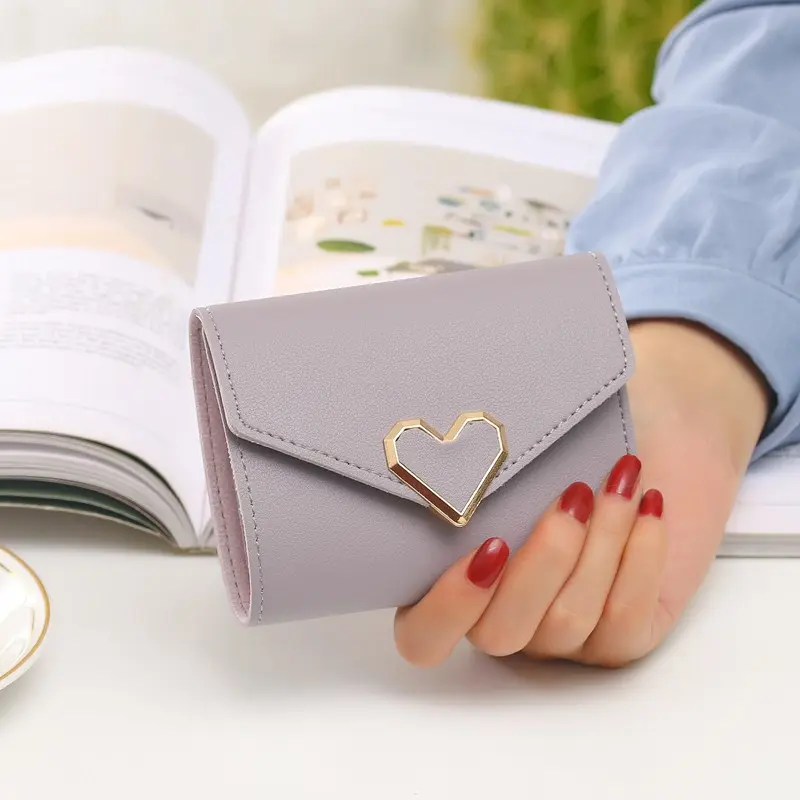 New Short Women Wallets Kpop Heart-Shaped Cute Small Women's Wallet High Quality PU Leather Slim Simple Female Purse