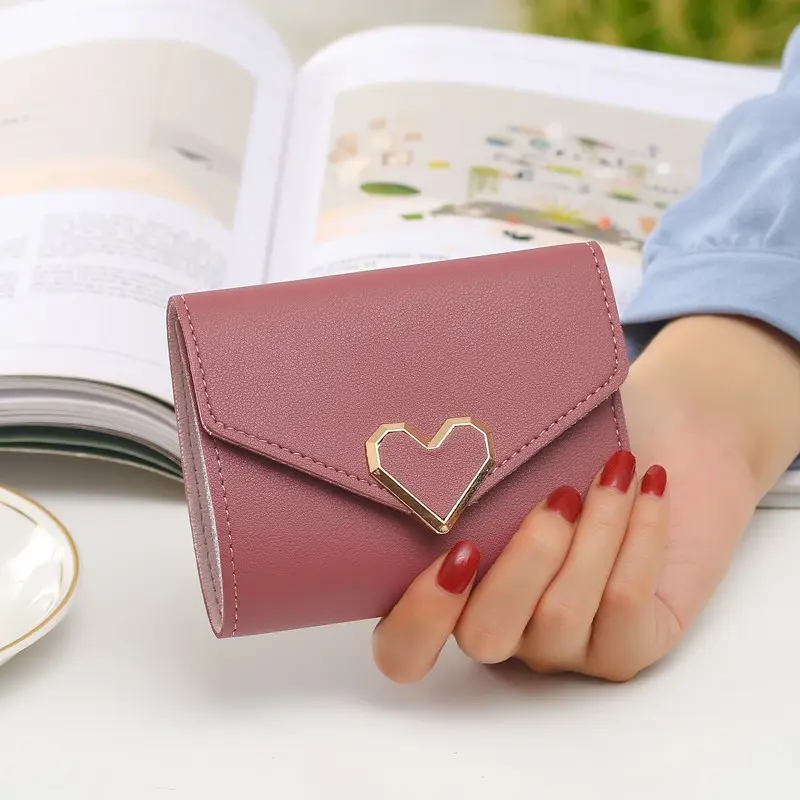 New Short Women Wallets Kpop Heart-Shaped Cute Small Women's Wallet High Quality PU Leather Slim Simple Female Purse