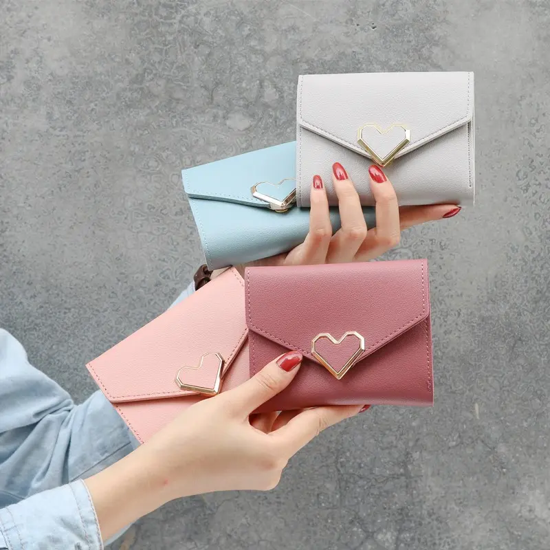 New Short Women Wallets Kpop Heart-Shaped Cute Small Women's Wallet High Quality PU Leather Slim Simple Female Purse