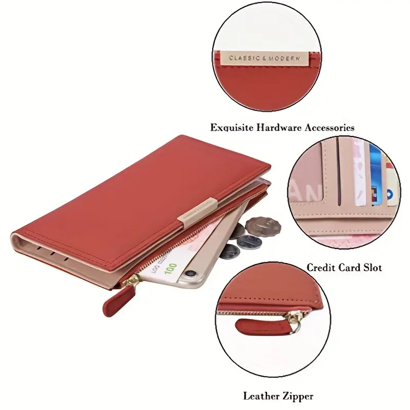 Ultra Slim Wallet For Women, RFID Blocking Credit Card Holder, Bifold Clutch Coin Zipper Travel Long Purse