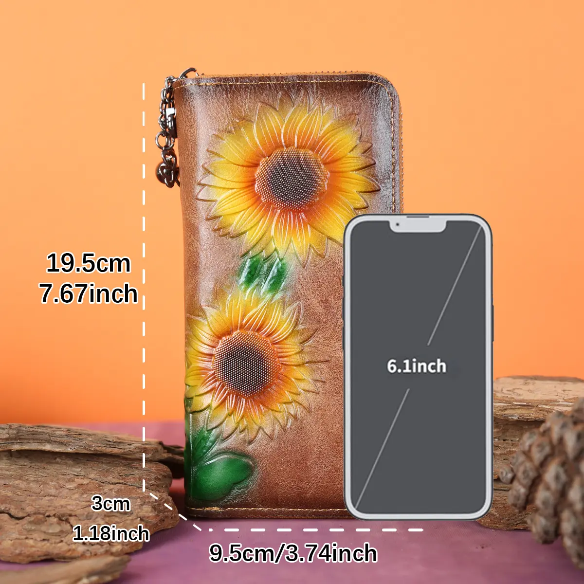 Women's long wallet, new retro wallet, embossed handmade spray painted coin purse, zipper wallet, hand-held bag, European and Am