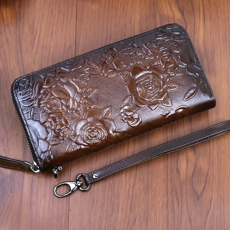 Women Long Wallet Clutch Handy Bag Genuine Leather with Rose flower For Female Lady ID Credit Card  Retro Money Wrist Purse Bags