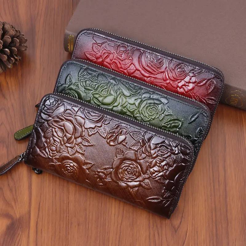 Women Long Wallet Clutch Handy Bag Genuine Leather with Rose flower For Female Lady ID Credit Card  Retro Money Wrist Purse Bags
