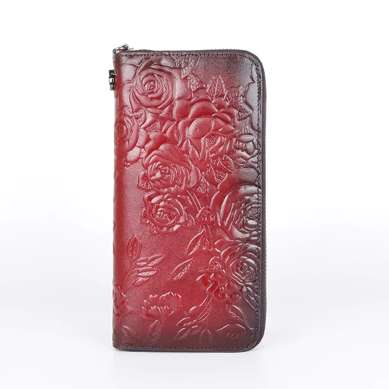Women Long Wallet Clutch Handy Bag Genuine Leather with Rose flower For Female Lady ID Credit Card  Retro Money Wrist Purse Bags