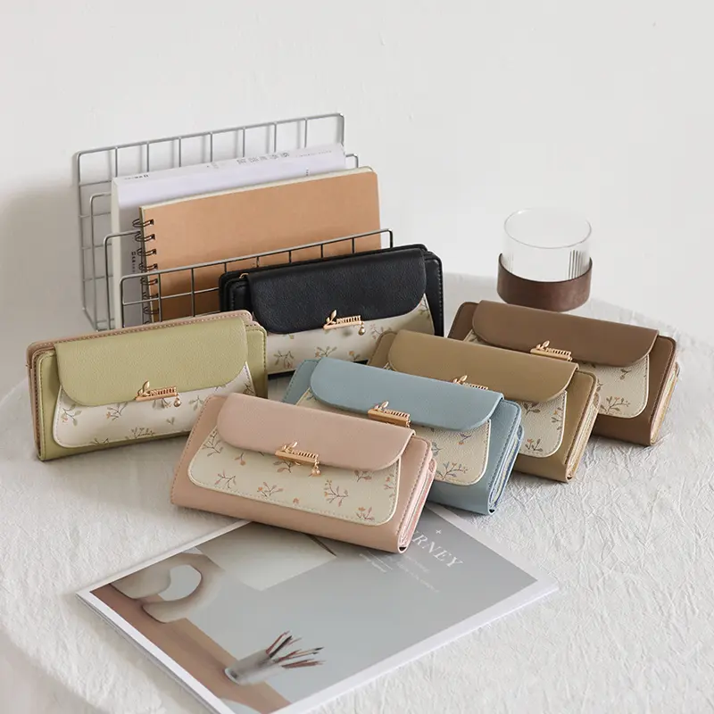 New printed women's long wallet, Korean version PU leather, multi-slot folding, student coin purse, multi-functional, fashionabl