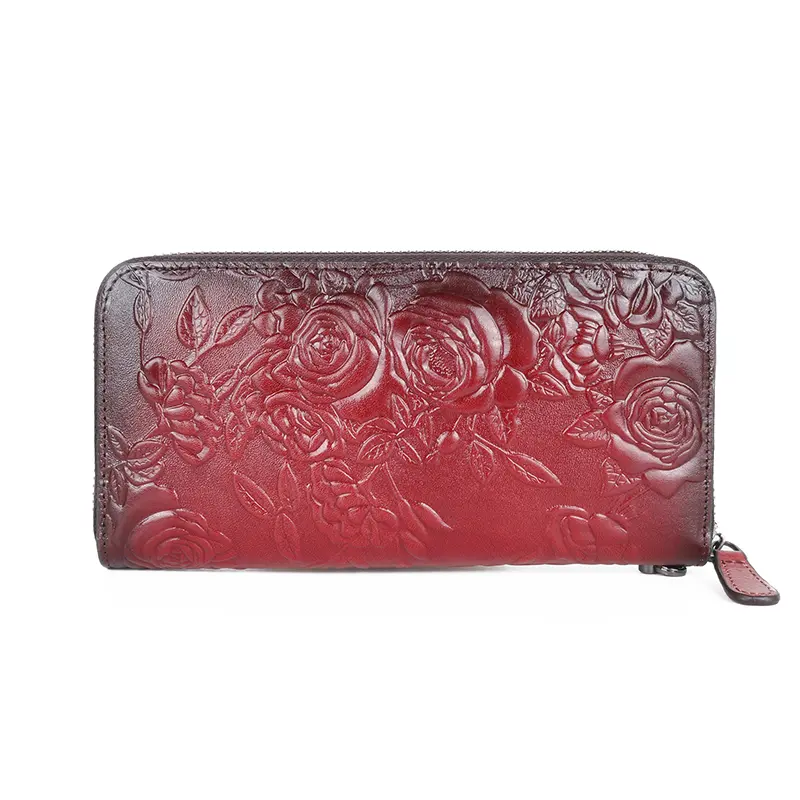 Women Long Wallet Clutch Handy Bag Genuine Leather with Rose flower For Female Lady ID Credit Card  Retro Money Wrist Purse Bags