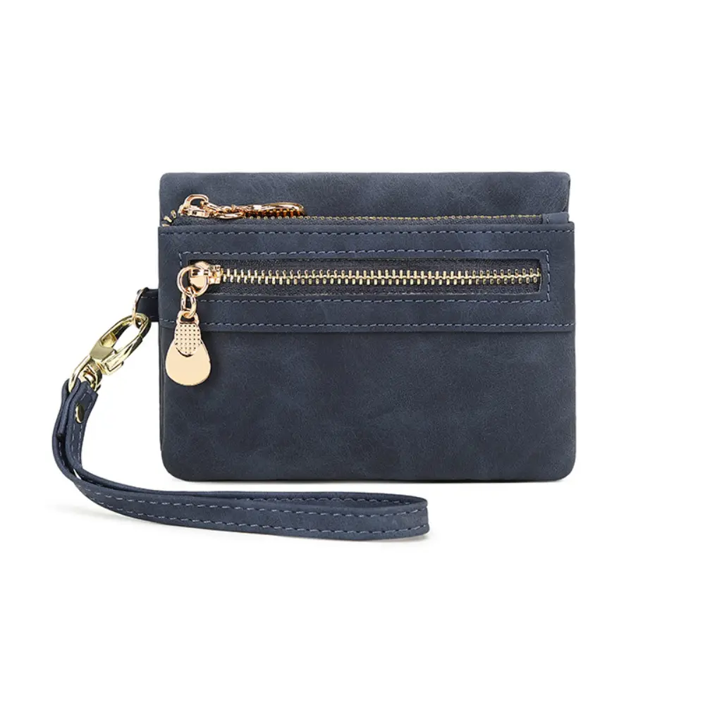 PU Leather Short Wallet, Casual Portable Card Holder With Zipper Coin Pocket, Multiple Card Slots With ID Window And Wrist Strap