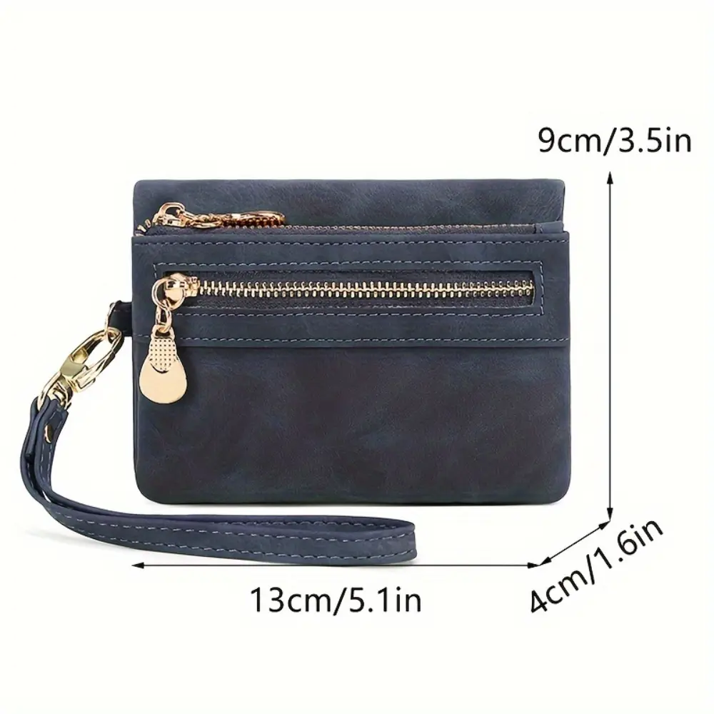 PU Leather Short Wallet, Casual Portable Card Holder With Zipper Coin Pocket, Multiple Card Slots With ID Window And Wrist Strap