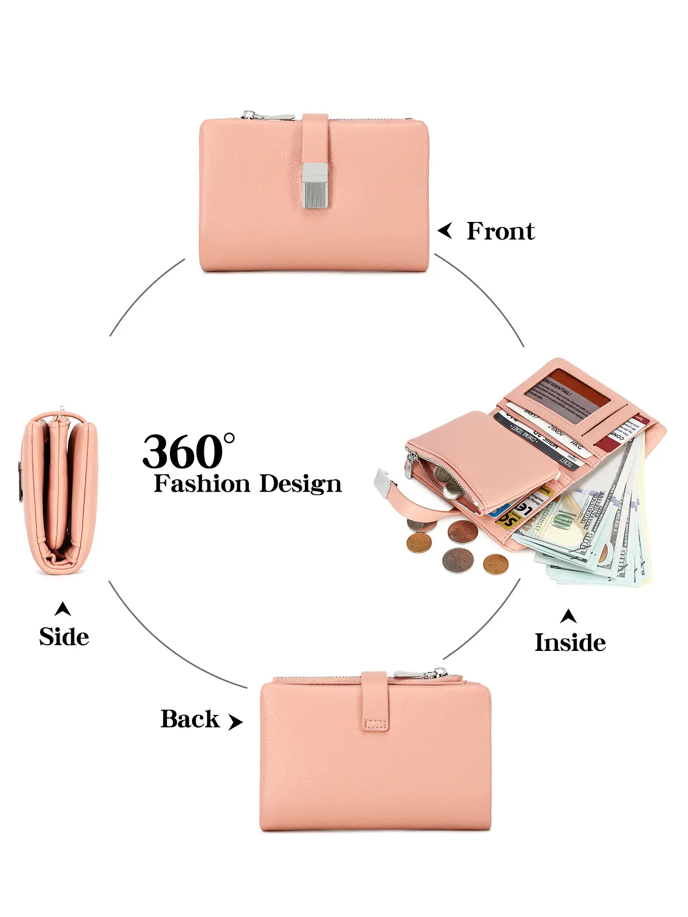 Fashion Soft PU Solid Color Short Wallet Metal Decoration Small Wallet Zipper Coin Pocket simple Portable Trifold Women Purse