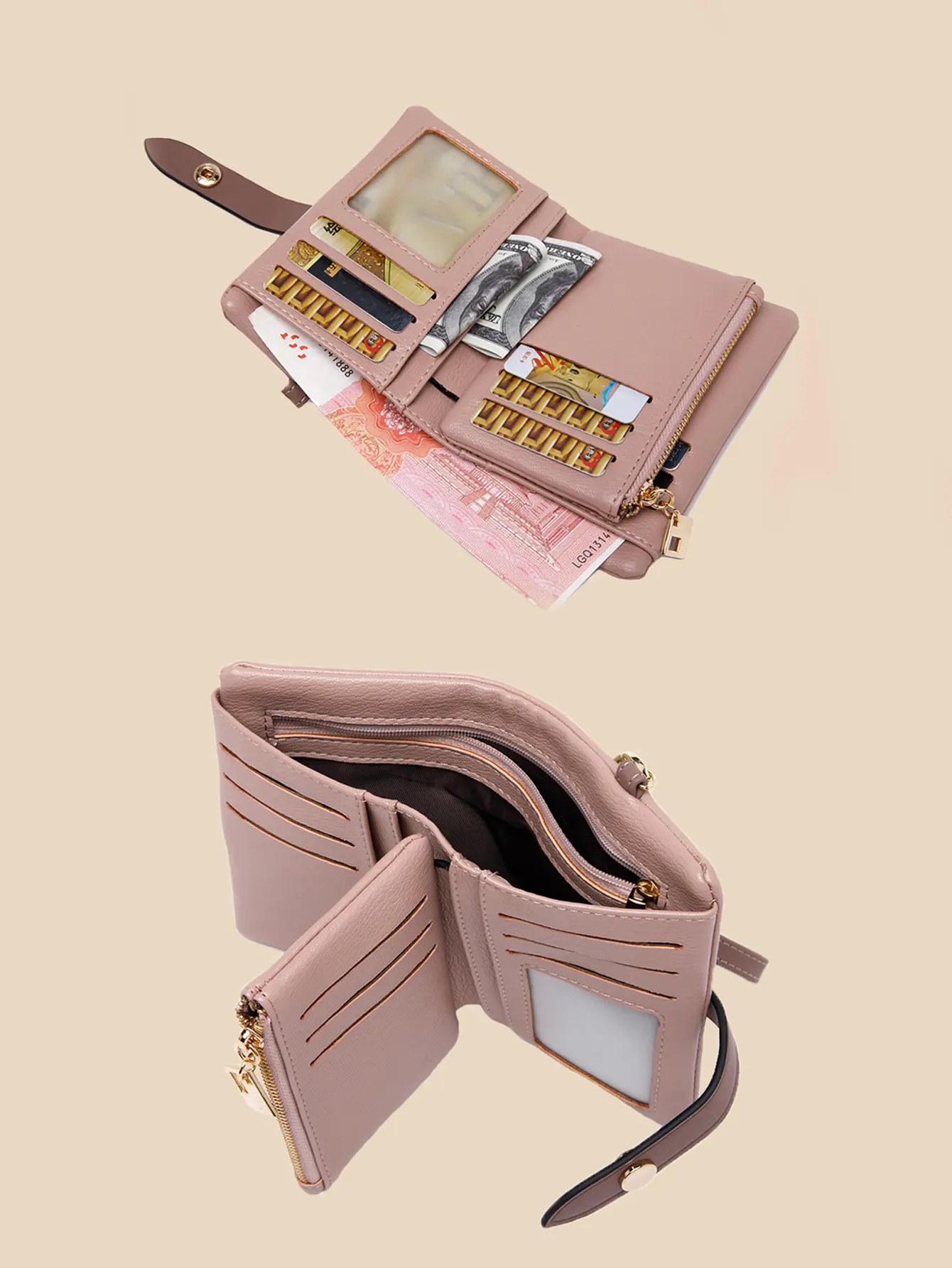New Solid Color Women's Wallet Three fold Card Bag PU Multi functional ID Credit Card Window Coin Zipper Wallet with Wrist Strap