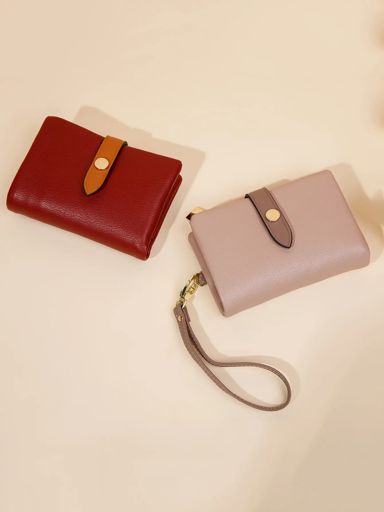 New Solid Color Women's Wallet Three fold Card Bag PU Multi functional ID Credit Card Window Coin Zipper Wallet with Wrist Strap