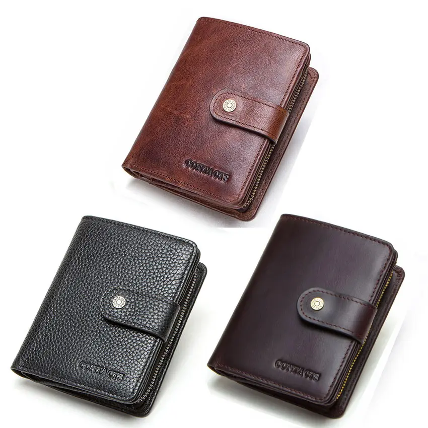 CONTACT'S Genuine Leather Short Wallets for Men RFID Vintage Coin Purse Card Holder Male Money Clip Women‘s Wallet Bag Handbag