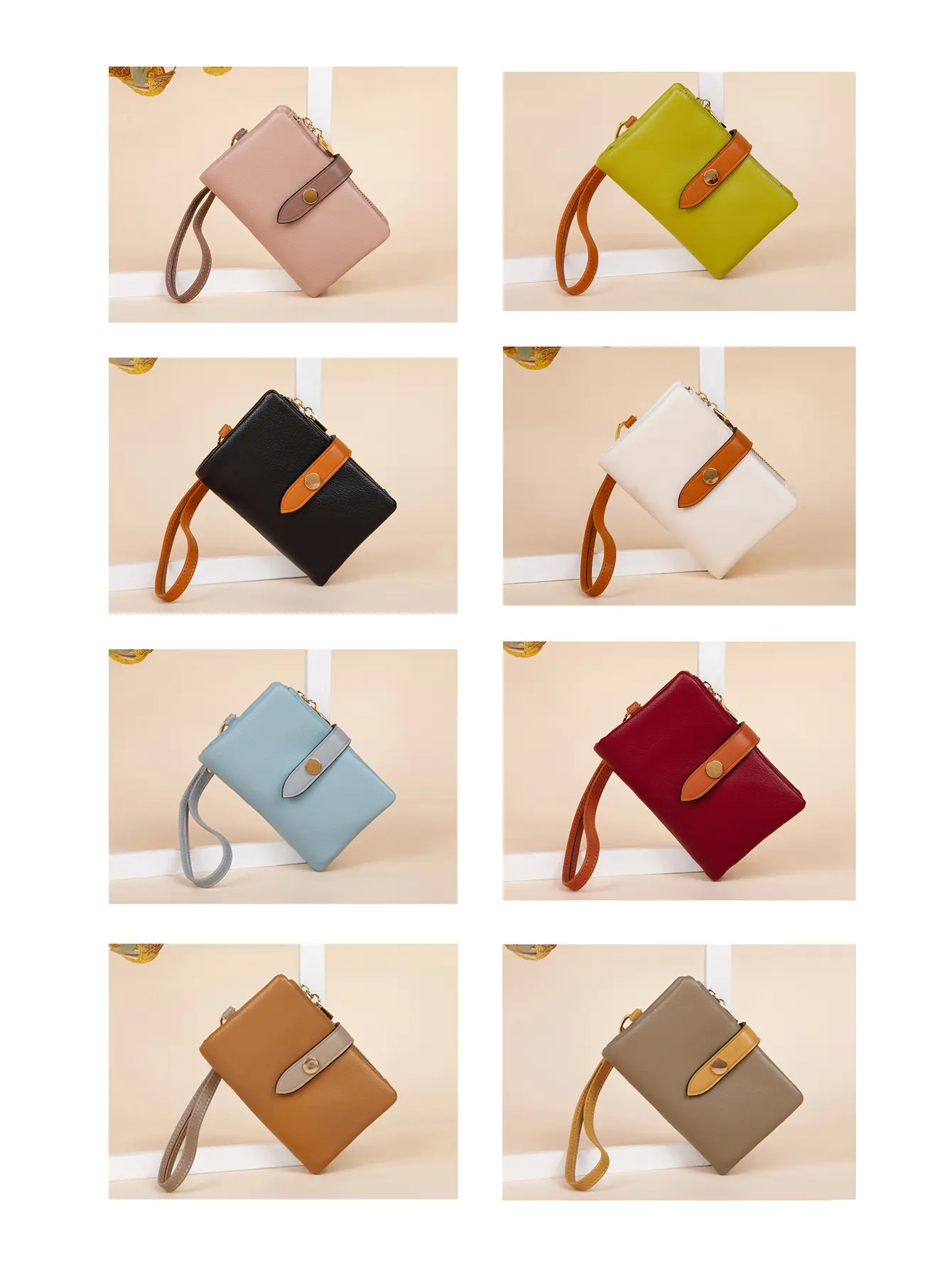 New Solid Color Women's Wallet Three fold Card Bag PU Multi functional ID Credit Card Window Coin Zipper Wallet with Wrist Strap